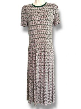 BODEN Lucinda Jersey Midi Dress Palm Leaf Print Crew Neck SS 6P Pale Pink/Green